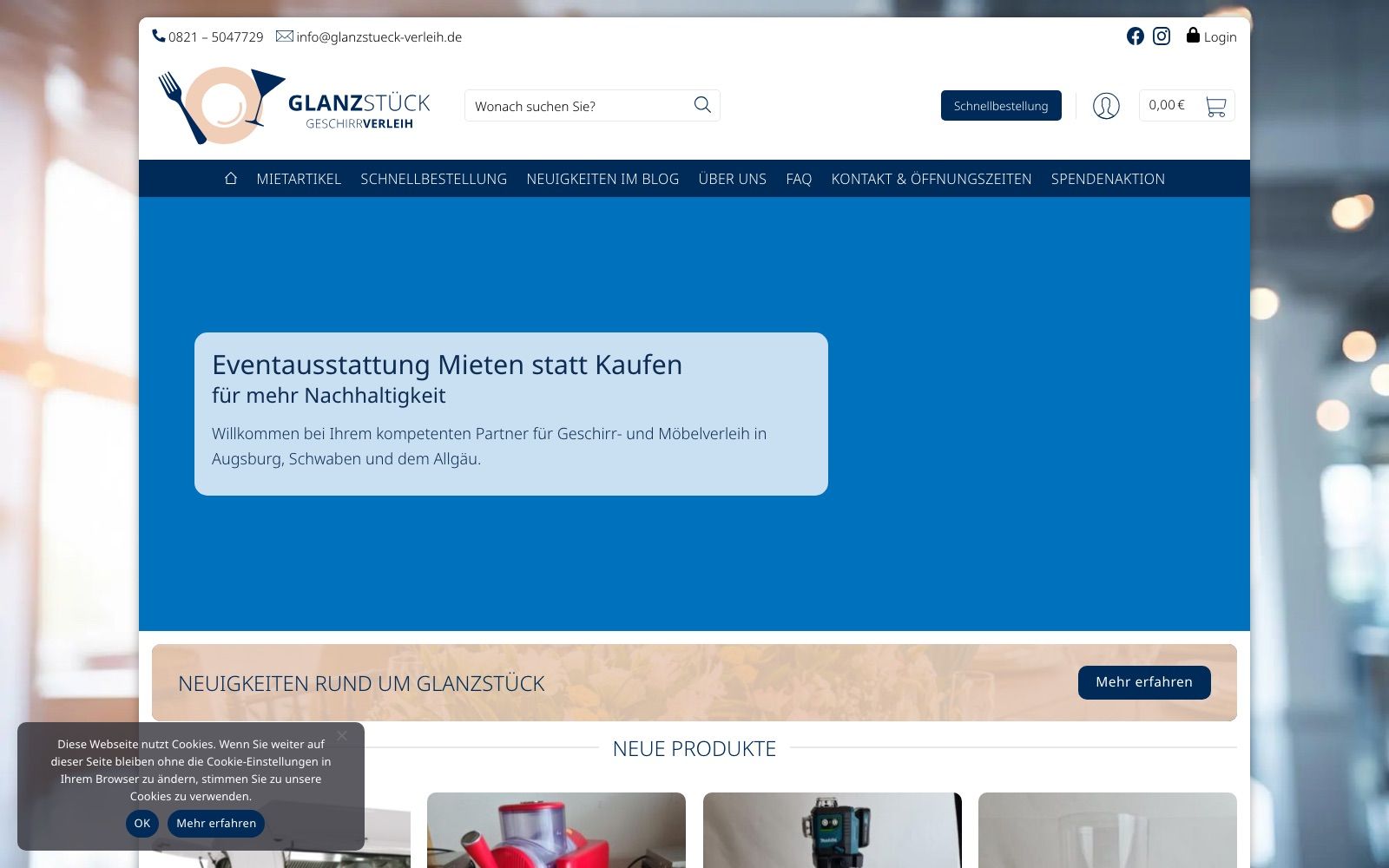 Glanzstück homepage with the rental shop header, quick-order button, and a blue hero promoting event equipment rental.