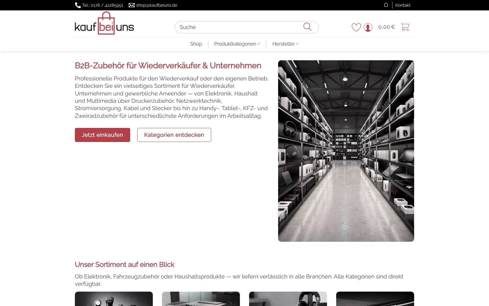 Kaufbeiuns homepage with the shop header, search, category navigation, and a hero section for B2B resellers.