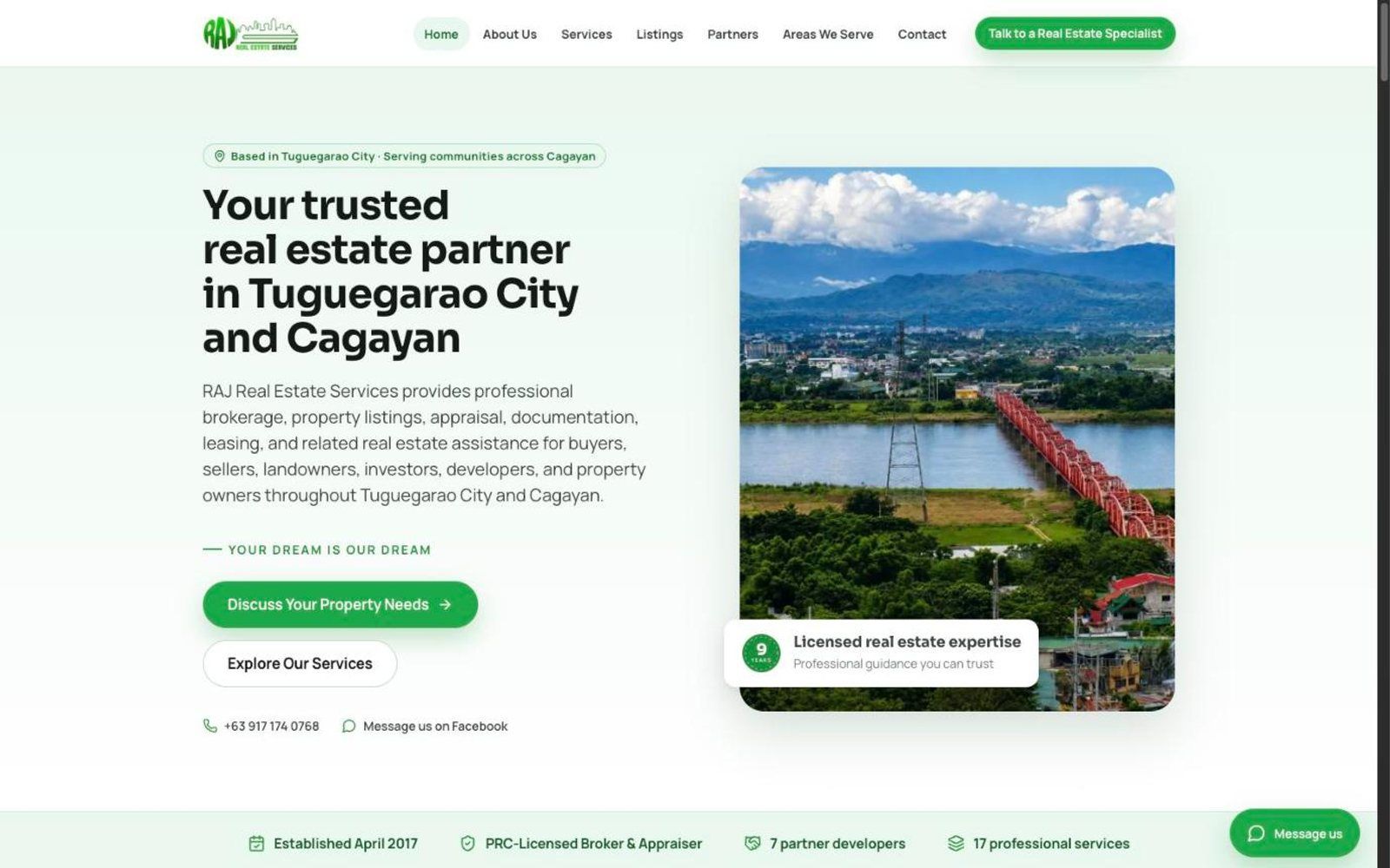 RAJ Real Estate Services homepage with the green header, a headline about real estate in Tuguegarao City and Cagayan, and a photo of a river bridge.